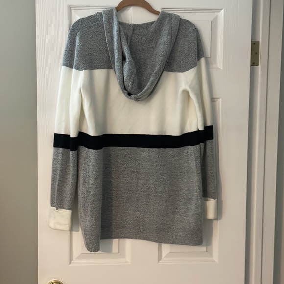 Black, grey, and white hooded cardigan sweater. - Picture 2 of 5